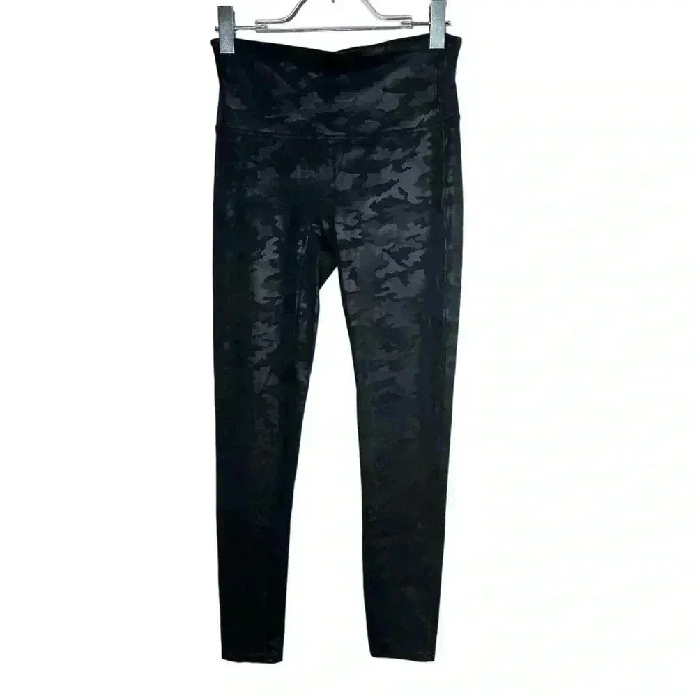 SPANX Faux Leather Black Camo Leggings size large